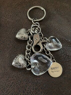 Kathy Van Zeeland Silver-Tone Heart Charm Keychain with Clear Crystal Hearts